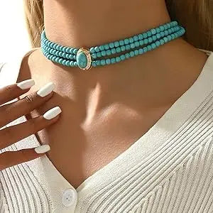 Turquoise Choker Necklace Women 3 Layers Multi Strands Necklace 20s Turquoise Bib Pendant Choker Party Jewelry Mother's Day Gift