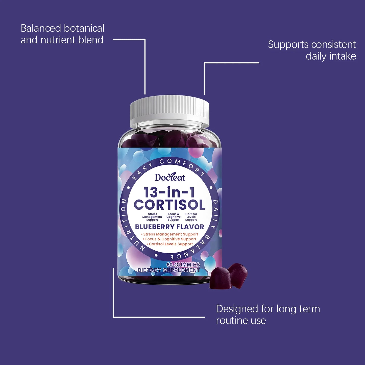 Cortisol Gummies 13-in-1 with Vitamin B6 & B12 – Stress Relief, Focus & Cortisol Detox Support – Vegan, Sugar-Free