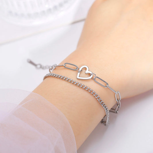 Skyrim Heart Charm Bracelet Women Stainless Steel Double Layer Paperclip Chain Bracelets Jewelry Valentine's Day Gift for Lover