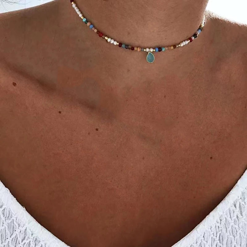Bohemian Fashion Colorful Natural Stone Beaded Collar New Water Drop Pendant Jewelry Mother's Day Gift