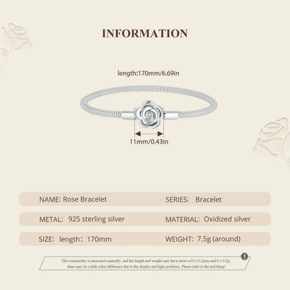WOSTU 925 Sterling Silver Vintage Rose Flower Love Heart Bangle Bracelet Fit DIY Bracelets Women Valentine Mother's Day Gift