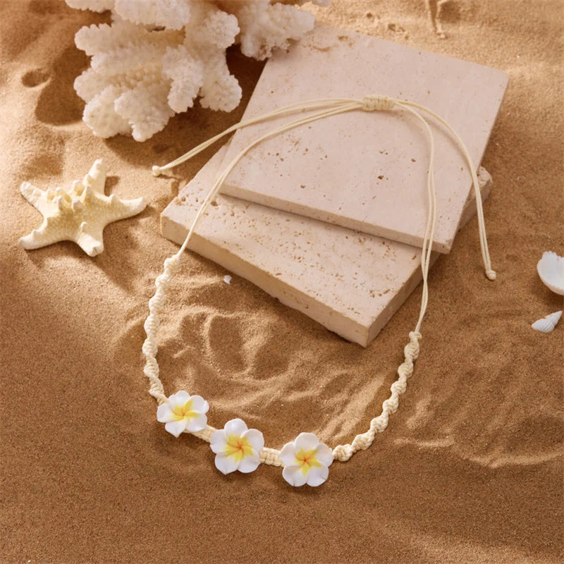 Bohemian Polymer Clay Beads Flower Necklace for Women Handmade Woven Rope Chain Necklace Summer Beach Jewelry Y2K Accessories