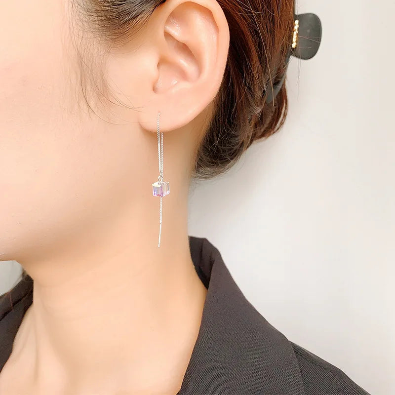 New Creative Long Chain Tassel Cube Dangle Earrings For Women Girls