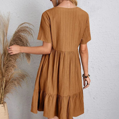 Summer Womens Short Sleeve Mini Dress Ladies Pleated Ruffle Solid Dresses Casual V Neck Vintage Loose Vestidos