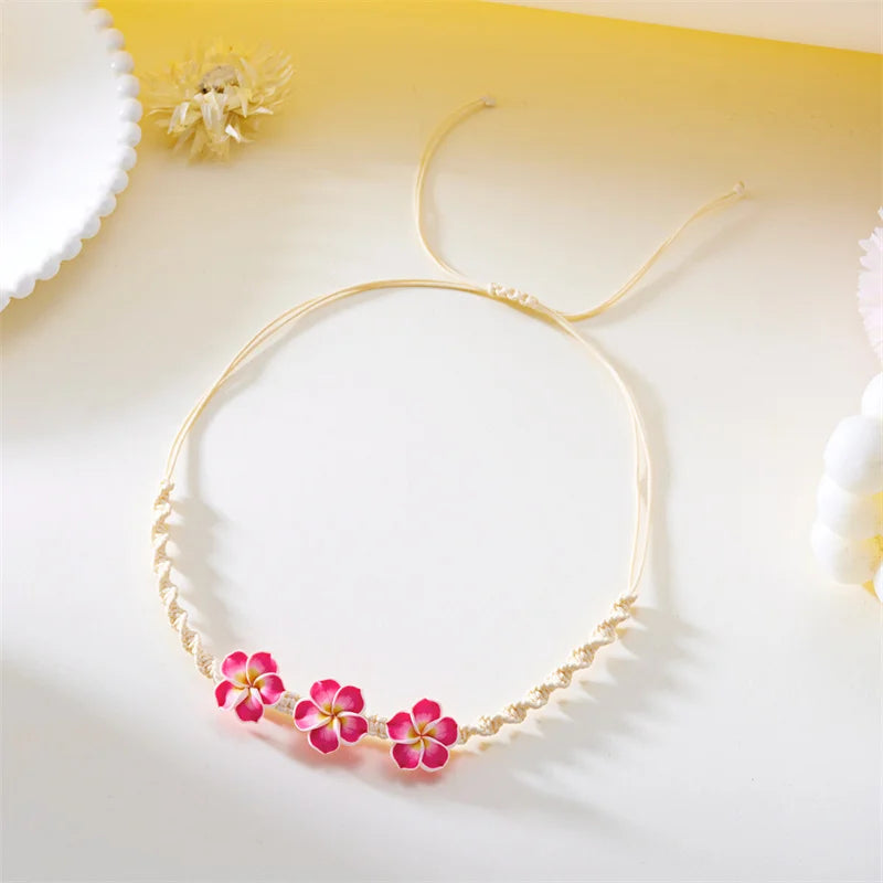 Bohemian Polymer Clay Beads Flower Necklace for Women Handmade Woven Rope Chain Necklace Summer Beach Jewelry Y2K Accessories