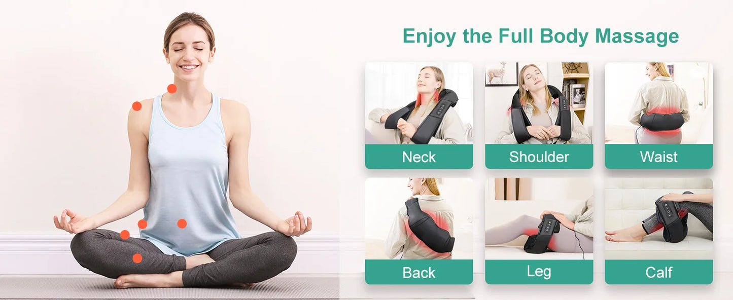 Shiatsu Neck and Shoulder Massager Heated Back Massager U Shape Deep Kneading Electric Massage Pillow For Neck Waist Leg Body