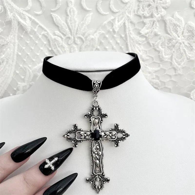 Limited Black Velvet Cross Bead Necklace for Women, Gothic Choker, Grunge, Gorgeous Jewelry, Punk Gift, Statement Goth, New