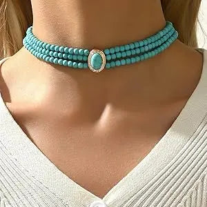 Turquoise Choker Necklace Women 3 Layers Multi Strands Necklace 20s Turquoise Bib Pendant Choker Party Jewelry Mother's Day Gift