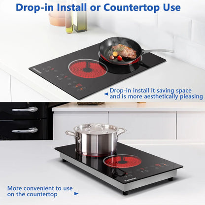Karinear 110V 2-Burner Electric Cooktop | 12" Plug-In Ceramic Countertop | Origin Zero