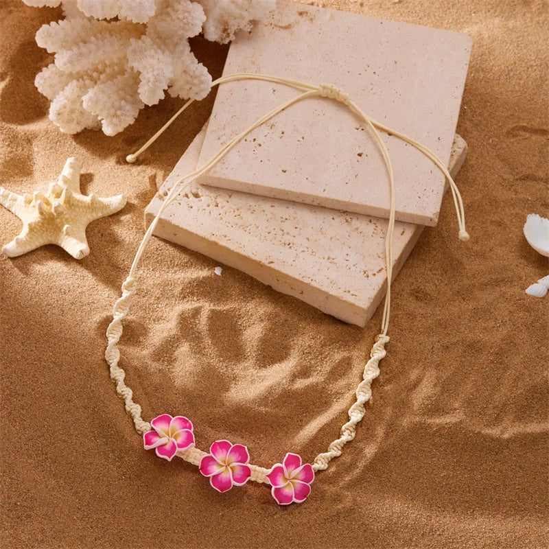 Bohemian Polymer Clay Beads Flower Necklace for Women Handmade Woven Rope Chain Necklace Summer Beach Jewelry Y2K Accessories