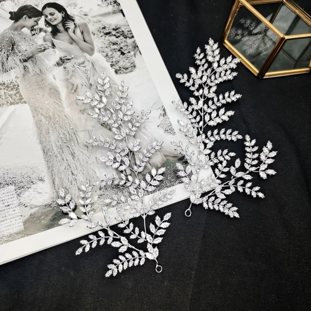 Luxury Bridal Tiara Wedding Hair Clips Jewelry Headpiece Accessories Zirconia Leaf Tiaras For Women Wedding Hair Piece Headdress