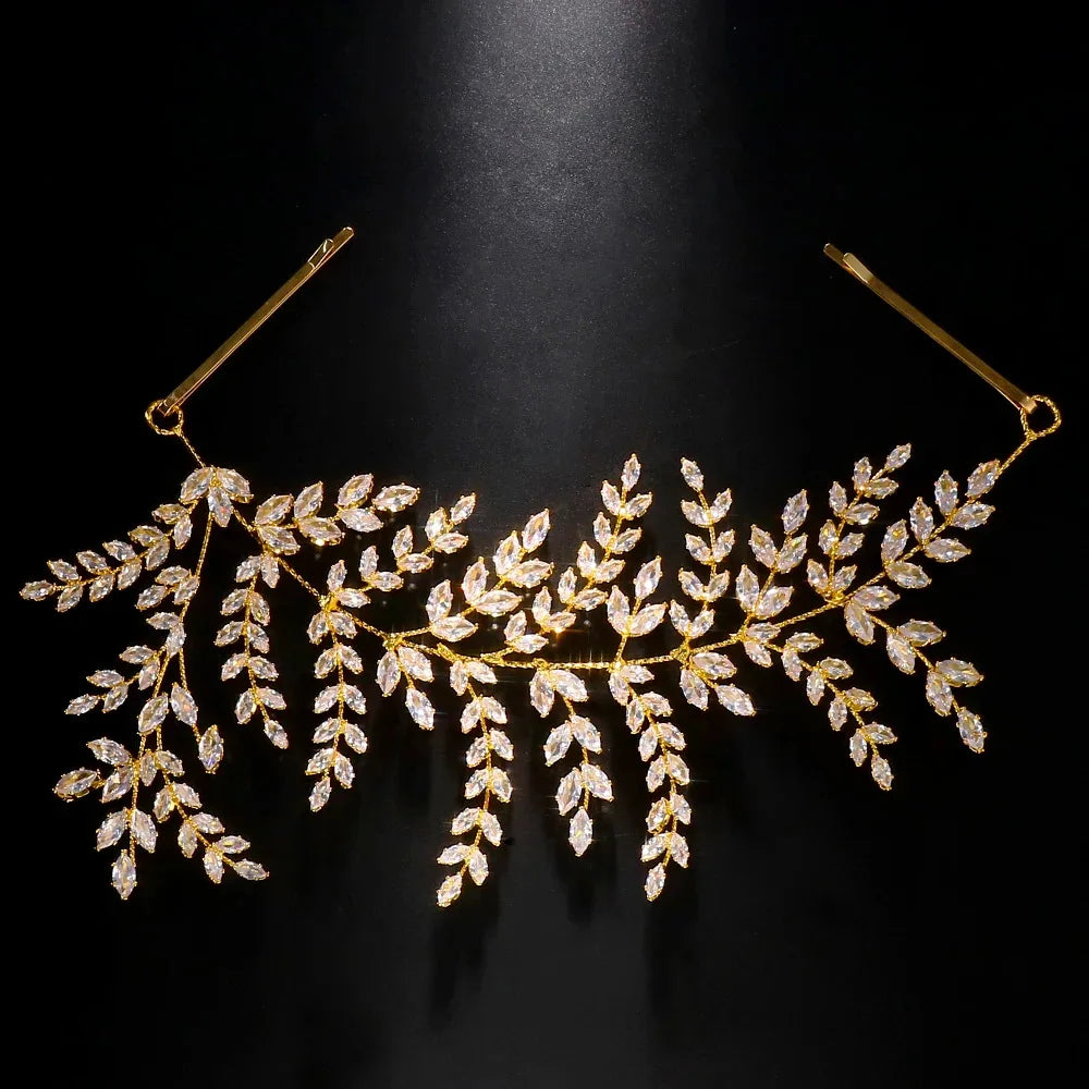 Luxury Bridal Tiara Wedding Hair Clips Jewelry Headpiece Accessories Zirconia Leaf Tiaras For Women Wedding Hair Piece Headdress