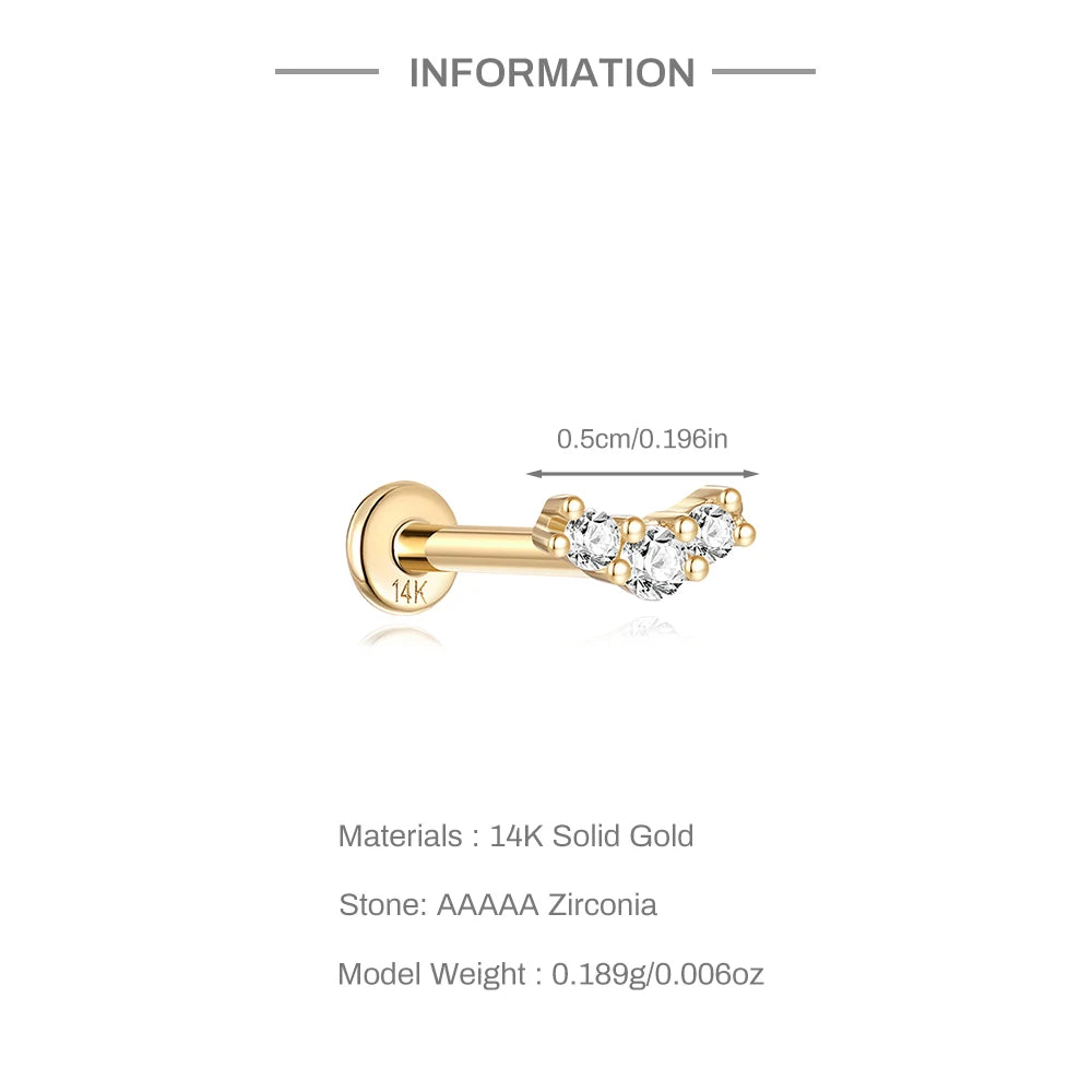 Aide Plata 100% Real 14K Solid Gold 5/6.5/8mm Length Stud Earring Simple Design Piercing Ear Bone Ear Studs DIY Vintage Jewelry