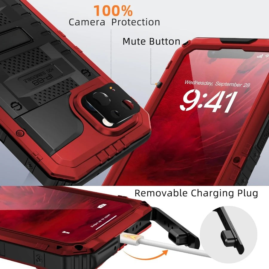 For iPhone 15 14 13 12 11 Pro Max XS XR 8 7 Plus SE3 IP68 Waterproof Rugged Metal Armor Case Shockproof Cover Screen Protector