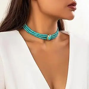 Turquoise Choker Necklace Women 3 Layers Multi Strands Necklace 20s Turquoise Bib Pendant Choker Party Jewelry Mother's Day Gift