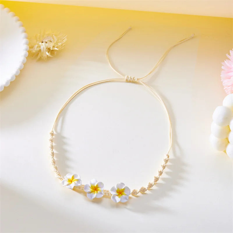Bohemian Polymer Clay Beads Flower Necklace for Women Handmade Woven Rope Chain Necklace Summer Beach Jewelry Y2K Accessories