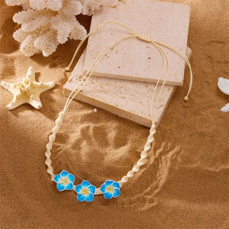 Bohemian Polymer Clay Beads Flower Necklace for Women Handmade Woven Rope Chain Necklace Summer Beach Jewelry Y2K Accessories