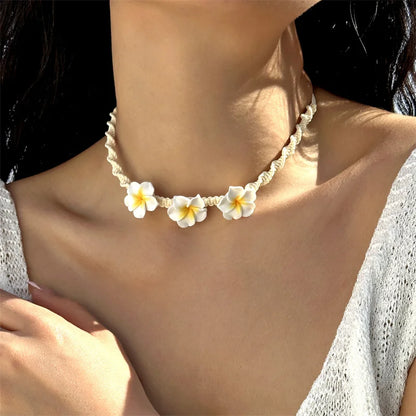 Bohemian Polymer Clay Beads Flower Necklace for Women Handmade Woven Rope Chain Necklace Summer Beach Jewelry Y2K Accessories