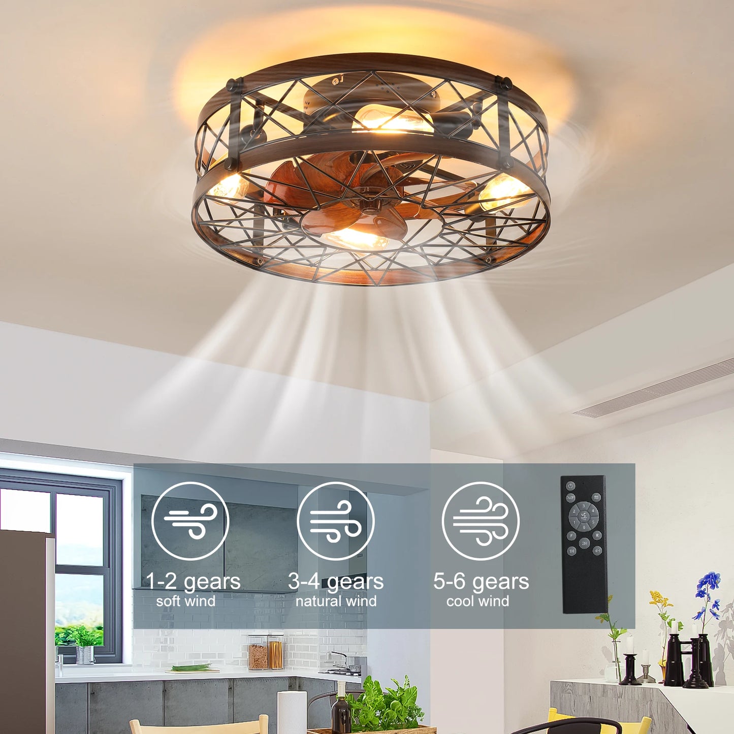 20" Caged Flush Mount Ceiling Fan with Light – Farmhouse Black, Remote Control, 31–40W, 110V/220V