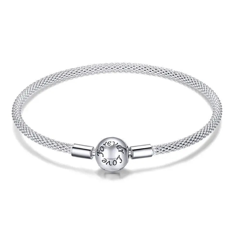 WOSTU 925 Sterling Silver Vintage Rose Flower Love Heart Bangle Bracelet Fit DIY Bracelets Women Valentine Mother's Day Gift