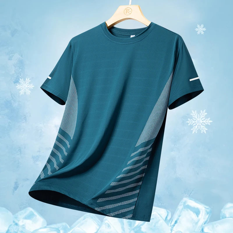 Men’s Ice Silk Running T-Shirt – Quick-Dry, Breathable Mesh, Moisture-Wicking Sports Tee with Reflective Print – Plus Size M–5XL