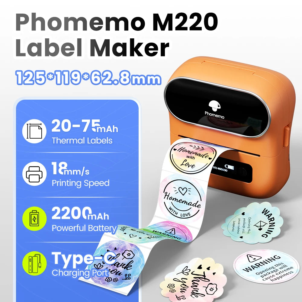 Phomemo Label Printer M220 Label Maker Mini Barcode Label Printer Wireless Portable Sticker Label Maker Machine for Address