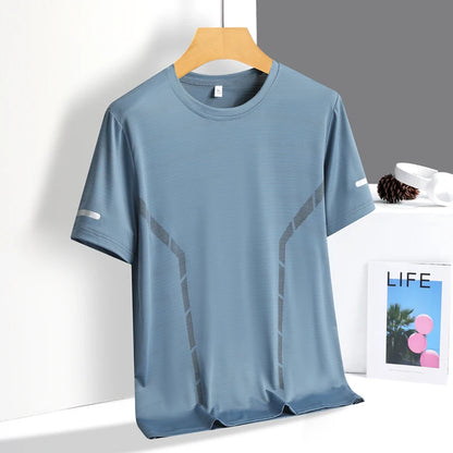 Men’s Ice Silk Running T-Shirt – Quick-Dry, Breathable Mesh, Moisture-Wicking Sports Tee with Reflective Print – Plus Size M–5XL