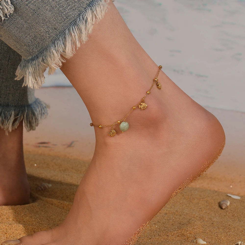 Stainless Steel Dolphin Scallop Natural Stone Anklets For Women New Sea Ocean Series Foot Chains Jewelry Gift