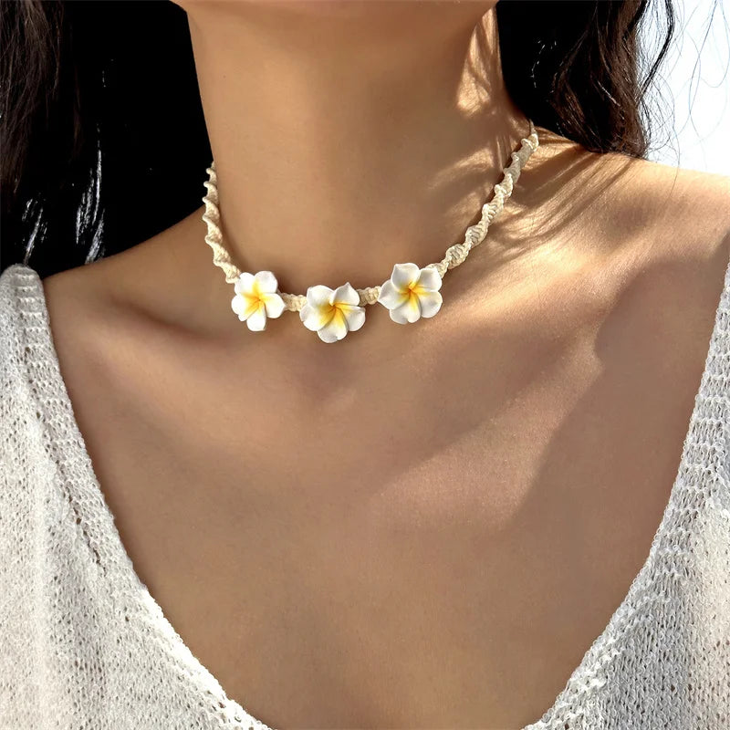 Bohemian Polymer Clay Beads Flower Necklace for Women Handmade Woven Rope Chain Necklace Summer Beach Jewelry Y2K Accessories