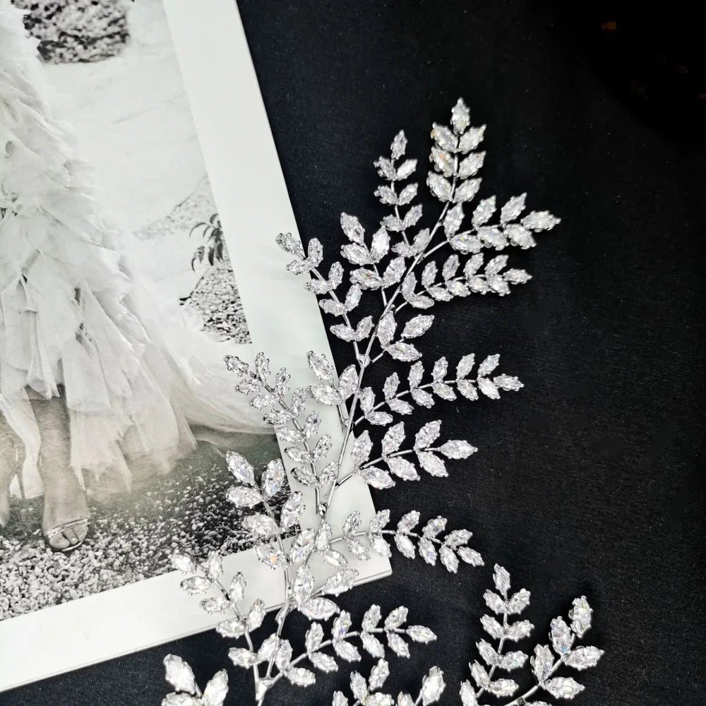 Luxury Bridal Tiara Wedding Hair Clips Jewelry Headpiece Accessories Zirconia Leaf Tiaras For Women Wedding Hair Piece Headdress