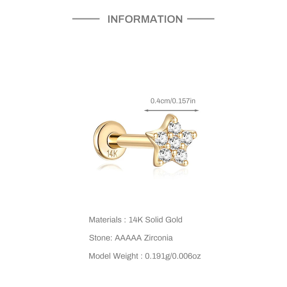 Aide Plata 100% Real 14K Solid Gold 5/6.5/8mm Length Stud Earring Simple Design Piercing Ear Bone Ear Studs DIY Vintage Jewelry