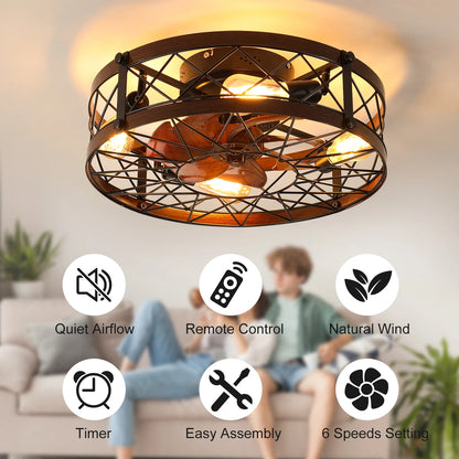 20" Caged Flush Mount Ceiling Fan with Light – Farmhouse Black, Remote Control, 31–40W, 110V/220V