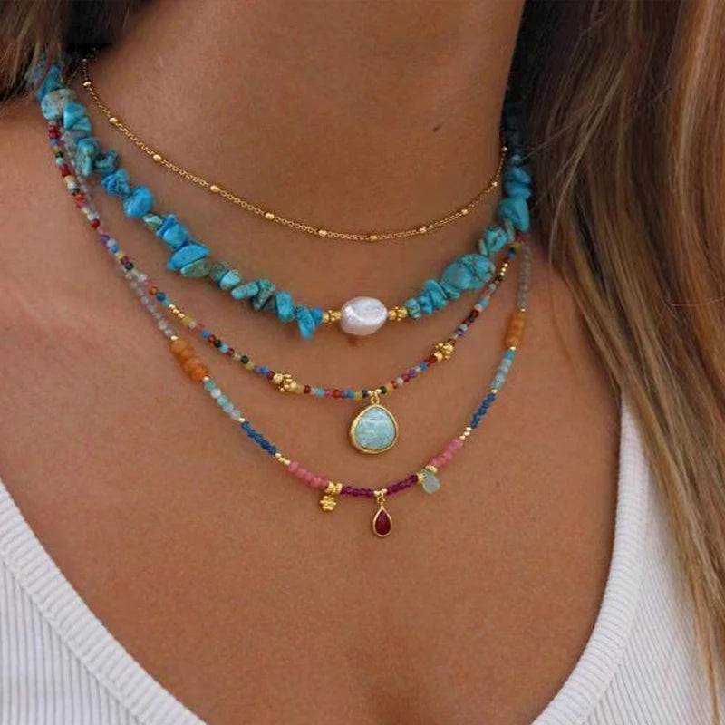 Bohemian Fashion Colorful Natural Stone Beaded Collar New Water Drop Pendant Jewelry Mother's Day Gift