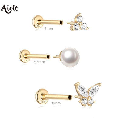 Aide Plata 100% Real 14K Solid Gold 5/6.5/8mm Length Stud Earring Simple Design Piercing Ear Bone Ear Studs DIY Vintage Jewelry