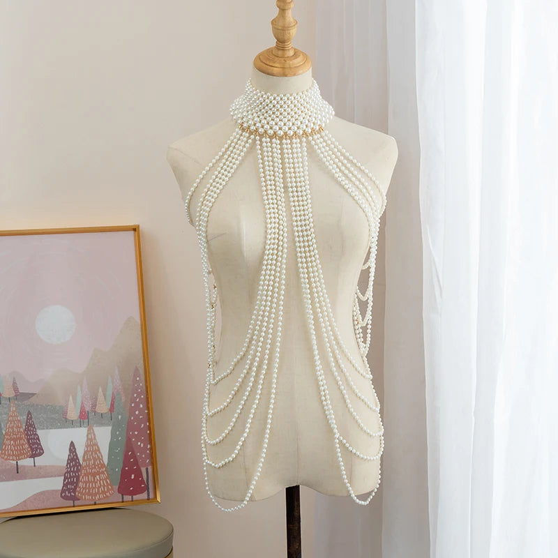 Luxury Pearl shoulder chain Sexy Body Chain Multi-layer necklace Vintage Pearl Chest Chain Necklace jewelry