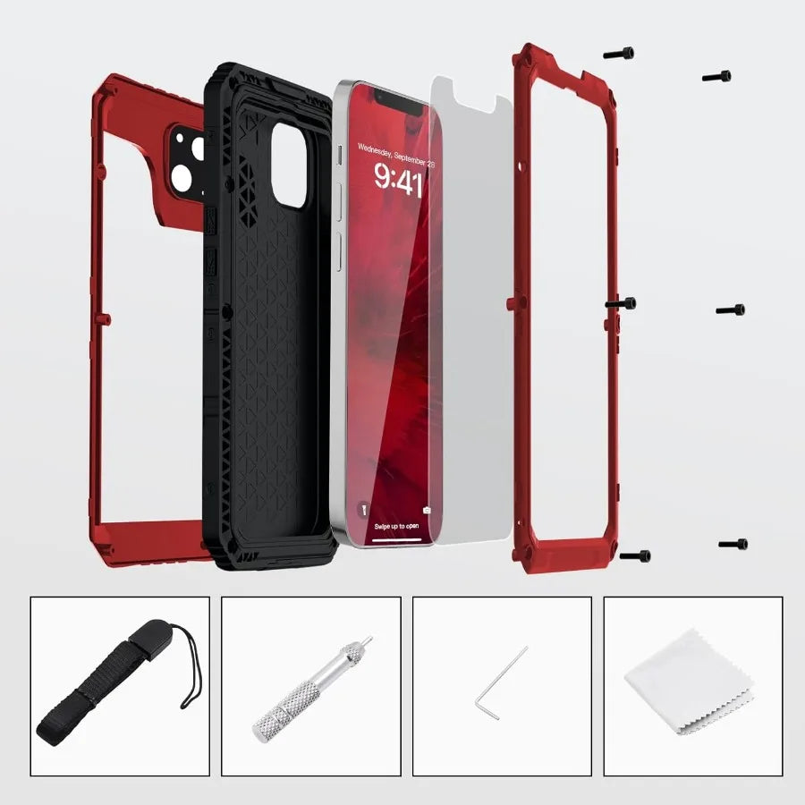 For iPhone 15 14 13 12 11 Pro Max XS XR 8 7 Plus SE3 IP68 Waterproof Rugged Metal Armor Case Shockproof Cover Screen Protector