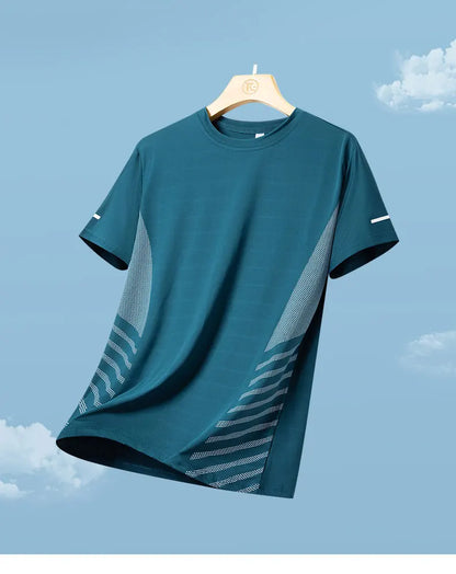 Men’s Ice Silk Running T-Shirt – Quick-Dry, Breathable Mesh, Moisture-Wicking Sports Tee with Reflective Print – Plus Size M–5XL