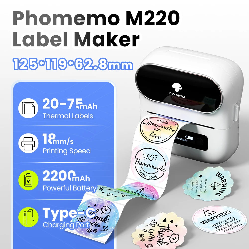 Phomemo Label Printer M220 Label Maker Mini Barcode Label Printer Wireless Portable Sticker Label Maker Machine for Address