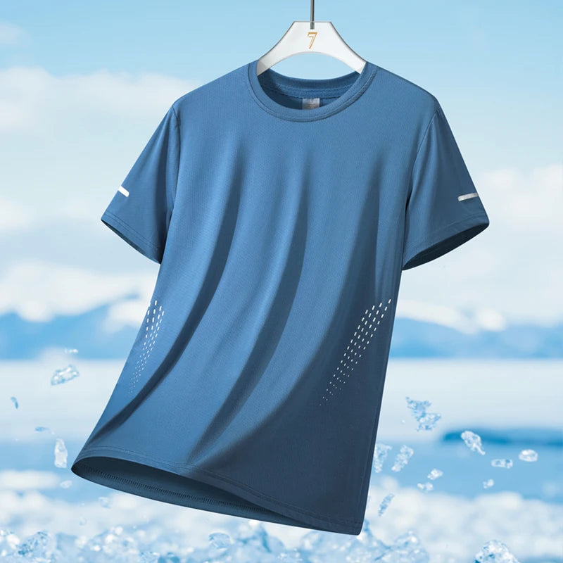 Men’s Ice Silk Running T-Shirt – Quick-Dry, Breathable Mesh, Moisture-Wicking Sports Tee with Reflective Print – Plus Size M–5XL