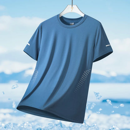 Men’s Ice Silk Running T-Shirt – Quick-Dry, Breathable Mesh, Moisture-Wicking Sports Tee with Reflective Print – Plus Size M–5XL