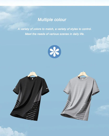 Men’s Ice Silk Running T-Shirt – Quick-Dry, Breathable Mesh, Moisture-Wicking Sports Tee with Reflective Print – Plus Size M–5XL