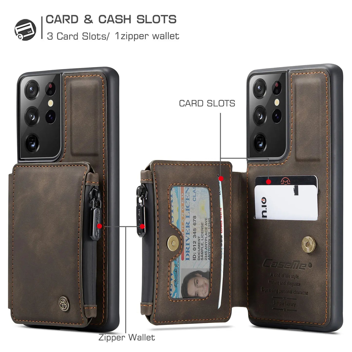 Samsung Galaxy S21 / S21+ / S21 Ultra Leather Wallet Case – Card Slots, Zipper Pocket & Kickstand