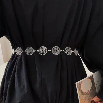 Elegant Round Metal Belt For Women Retro Gold Silver Carved Hollow Out Waistband Fashion Dress Decoration