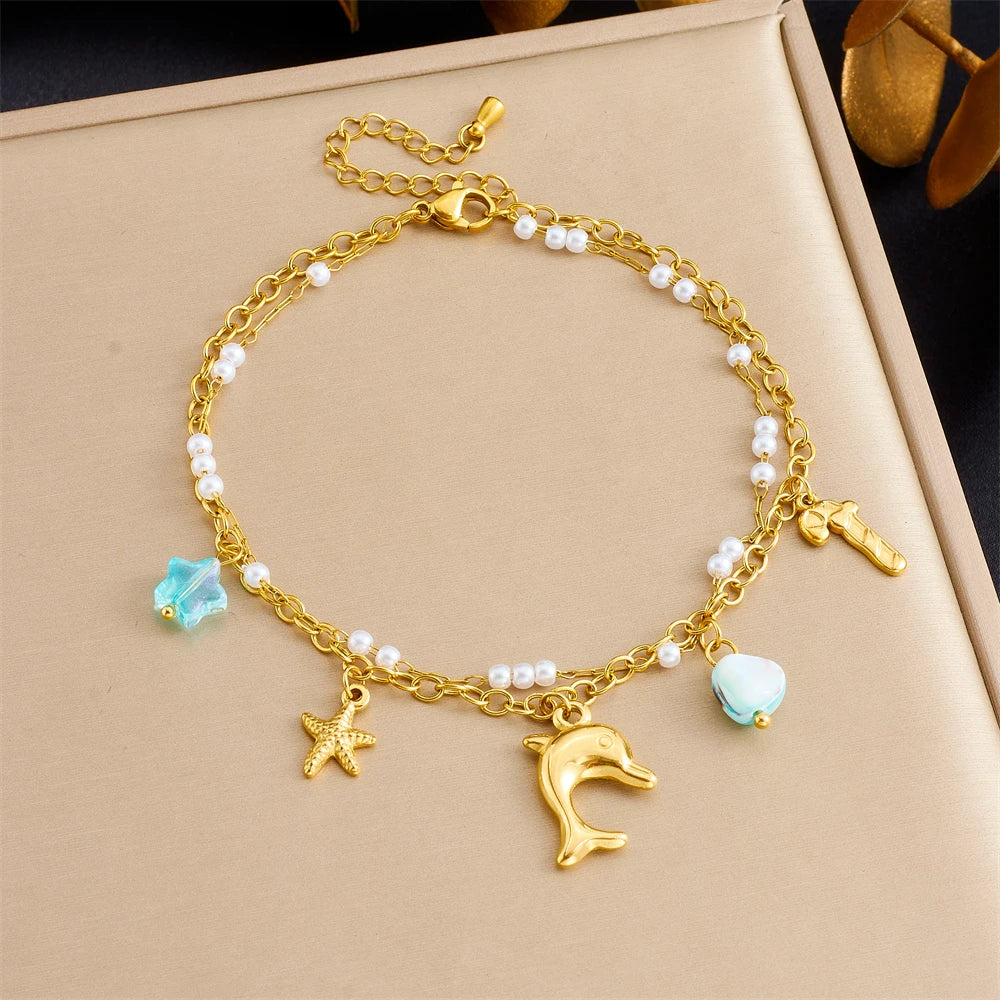 Stainless Steel Dolphin Scallop Natural Stone Anklets For Women New Sea Ocean Series Foot Chains Jewelry Gift