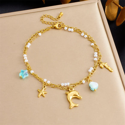 Stainless Steel Dolphin Scallop Natural Stone Anklets For Women New Sea Ocean Series Foot Chains Jewelry Gift