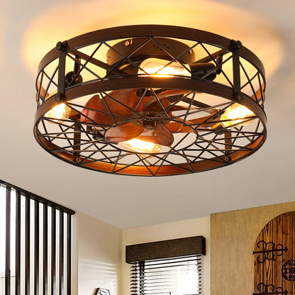 20" Caged Flush Mount Ceiling Fan with Light – Farmhouse Black, Remote Control, 31–40W, 110V/220V