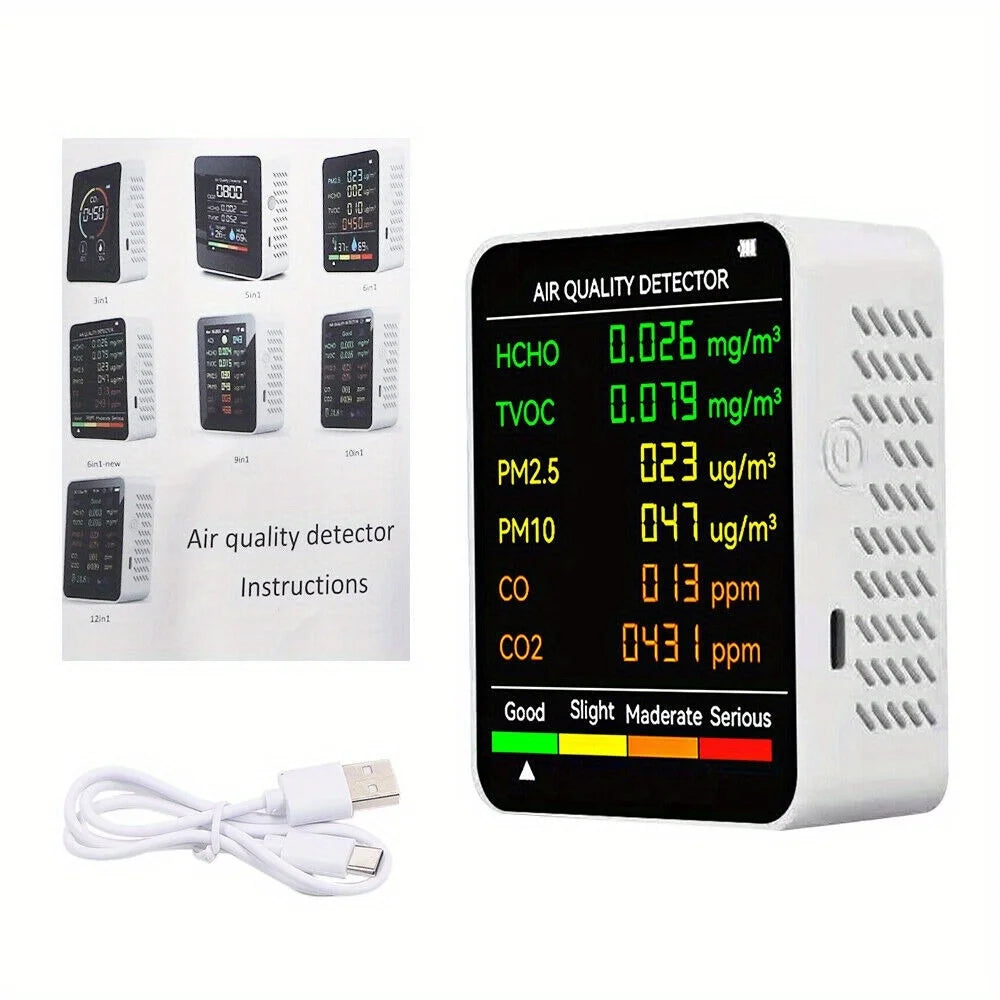 6-in-1 Indoor Air Quality Monitor – CO2, PM2.5, PM10, HCHO, TVOC Detector with LCD Display