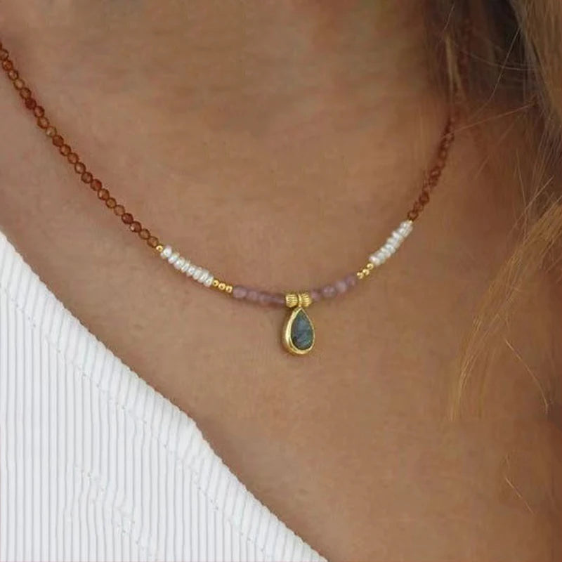 Bohemian Fashion Colorful Natural Stone Beaded Collar New Water Drop Pendant Jewelry Mother's Day Gift