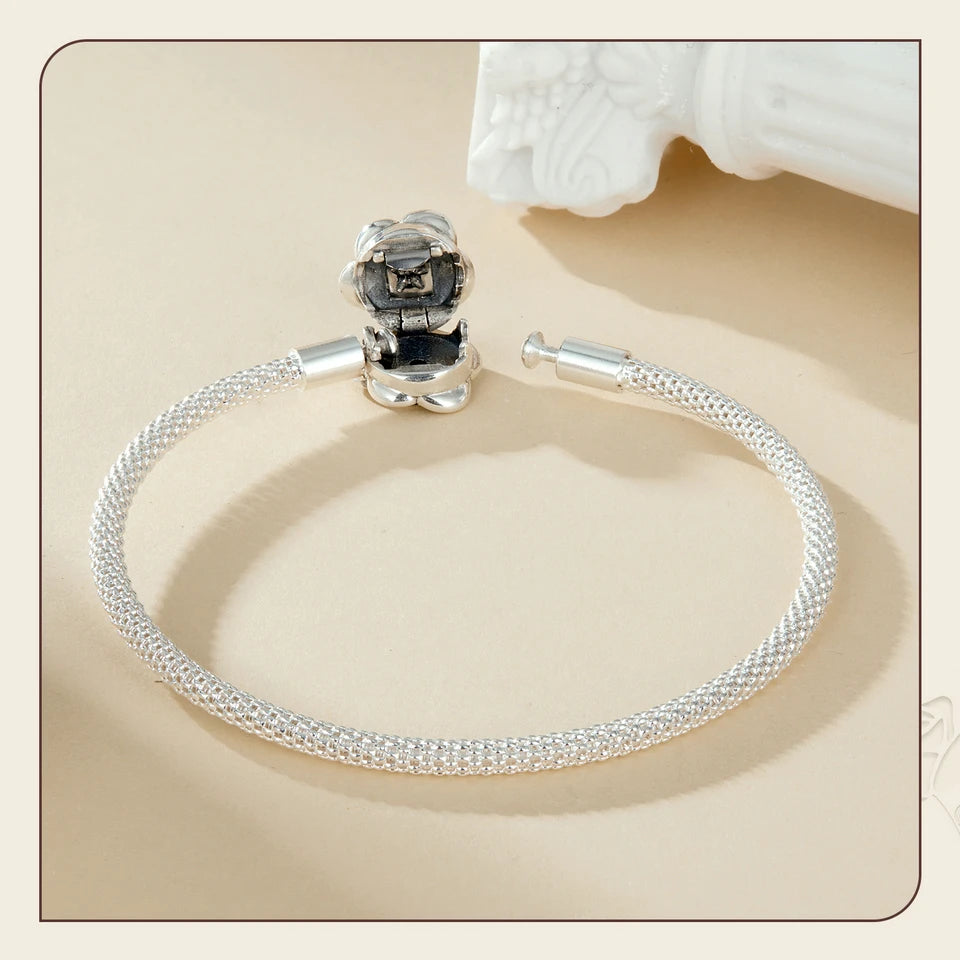 WOSTU 925 Sterling Silver Vintage Rose Flower Love Heart Bangle Bracelet Fit DIY Bracelets Women Valentine Mother's Day Gift