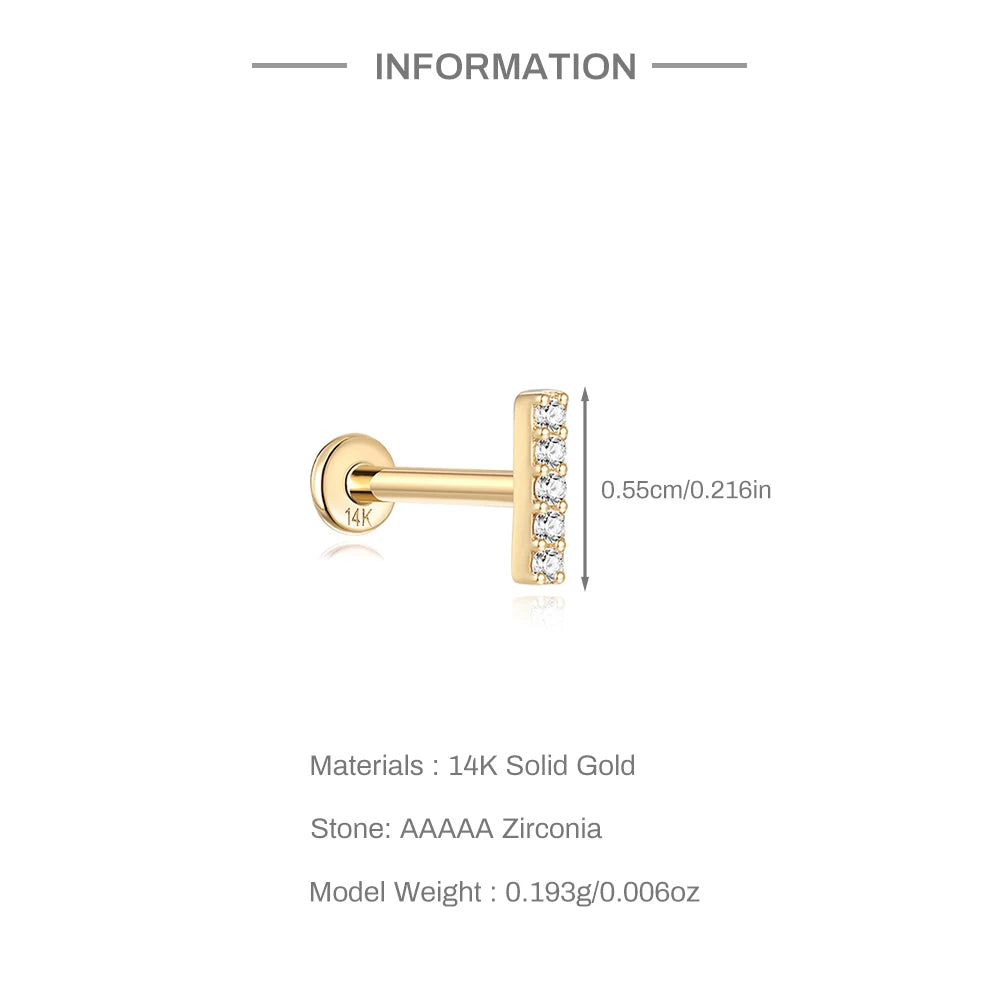 Aide Plata 100% Real 14K Solid Gold 5/6.5/8mm Length Stud Earring Simple Design Piercing Ear Bone Ear Studs DIY Vintage Jewelry